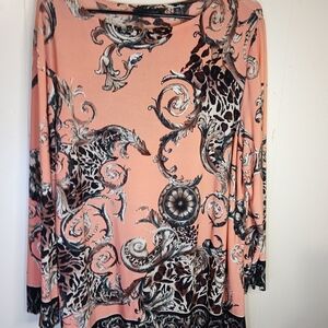 Investments Coral & Black Scroll Animal Print Long Sleeve Top